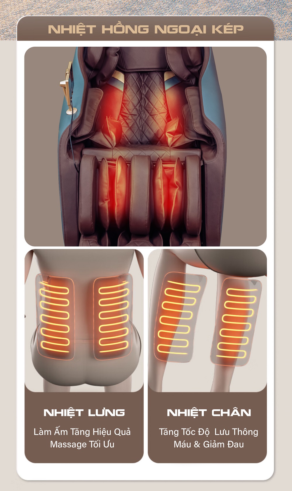 Massage nhiệt kép tại lưng và chân vừa giữ ấm, kích thích tuần hoàn máu tốt hơn